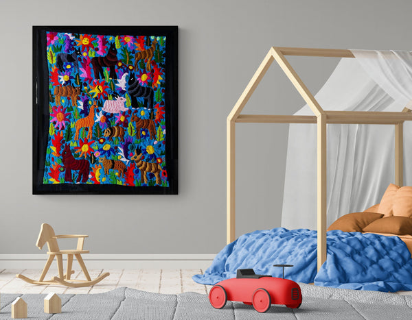 Hand Embroidered Wall Hanging | Mexican Wall Art | Framed Textiles | Black Forest | Mexican Home Decor from San Cristobal de las Casas