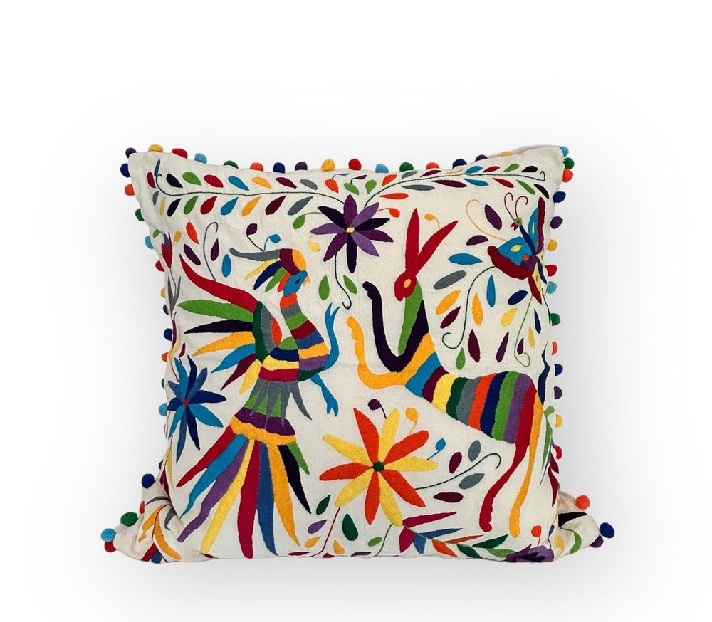 Otomi Embroidery Pillow | Large cushion in Rainbow and pompoms | Unique pieces | Tenango de Doria | Pillow insert included