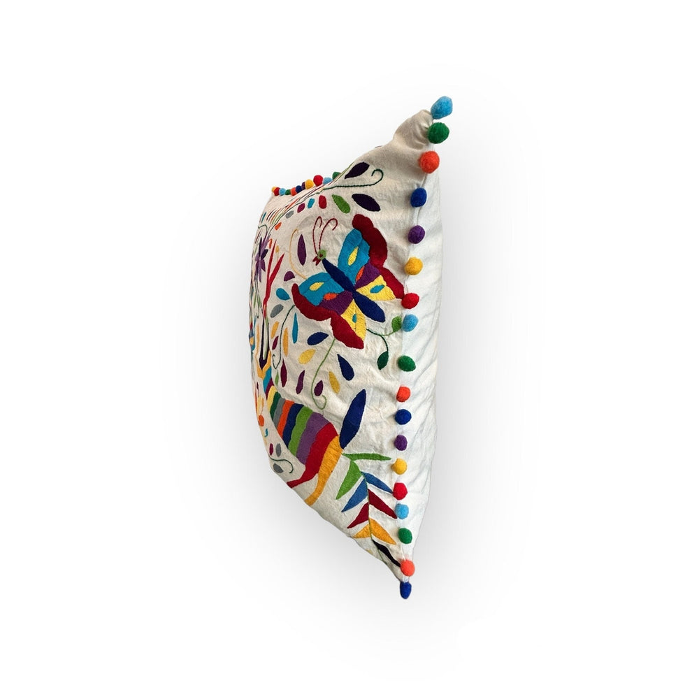 Otomi Embroidery Pillow | Large cushion in Rainbow and pompoms | Unique pieces | Tenango de Doria | Pillow insert included