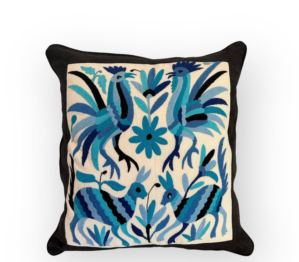 Otomi Hand Embroidered Pillow | Multicolor in Blue tones and linen backing | Handmade in Mexico | Pillow insert included