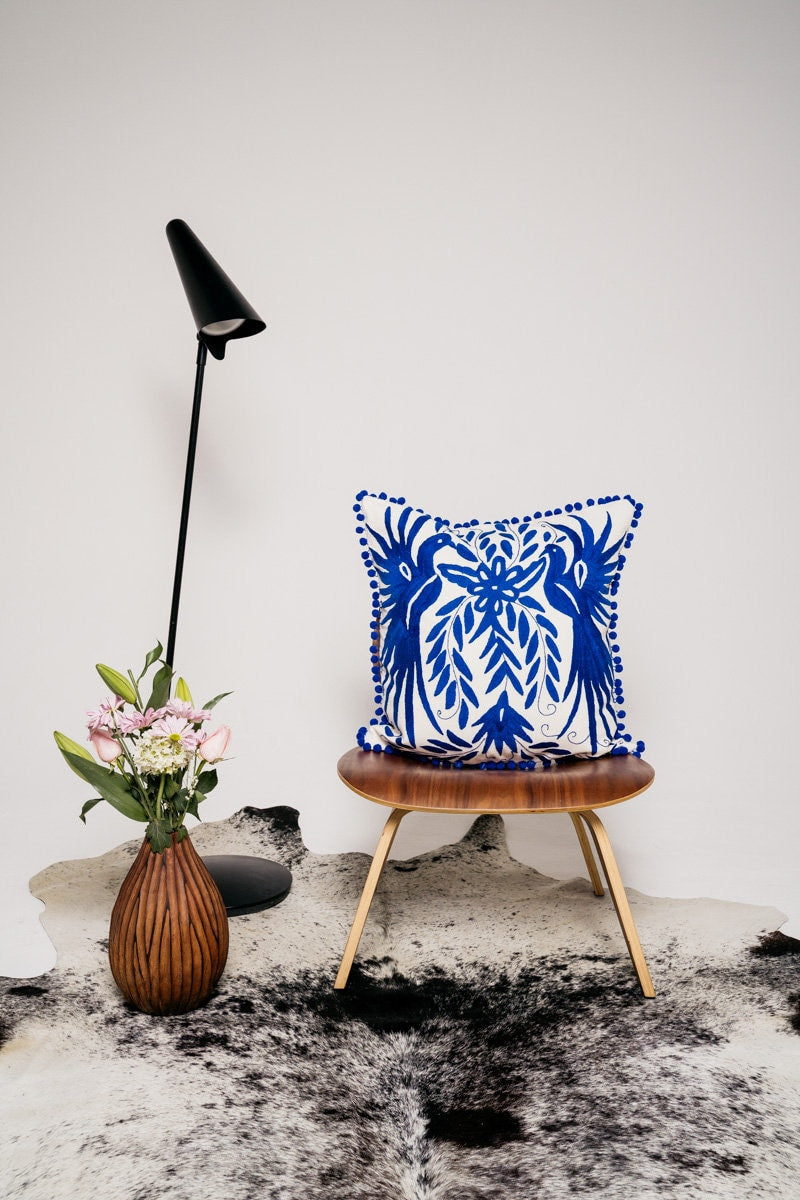 Mexican Folk Art pillow | Boho Embroidery | Large Otomi Royal Blue Dream | Unique accent pillow | Tenango de Doria, insert included