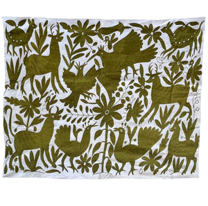 Mexican Tapestry Wall Art | Otomi Embroidery Pattern | Custom Embroidery Art | Otomi Olive green Garden from Tenango de Doria