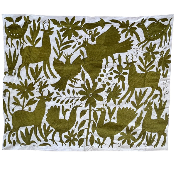 Mexican Tapestry Wall Art | Otomi Embroidery Pattern | Custom Embroidery Art | Otomi Olive green Garden from Tenango de Doria