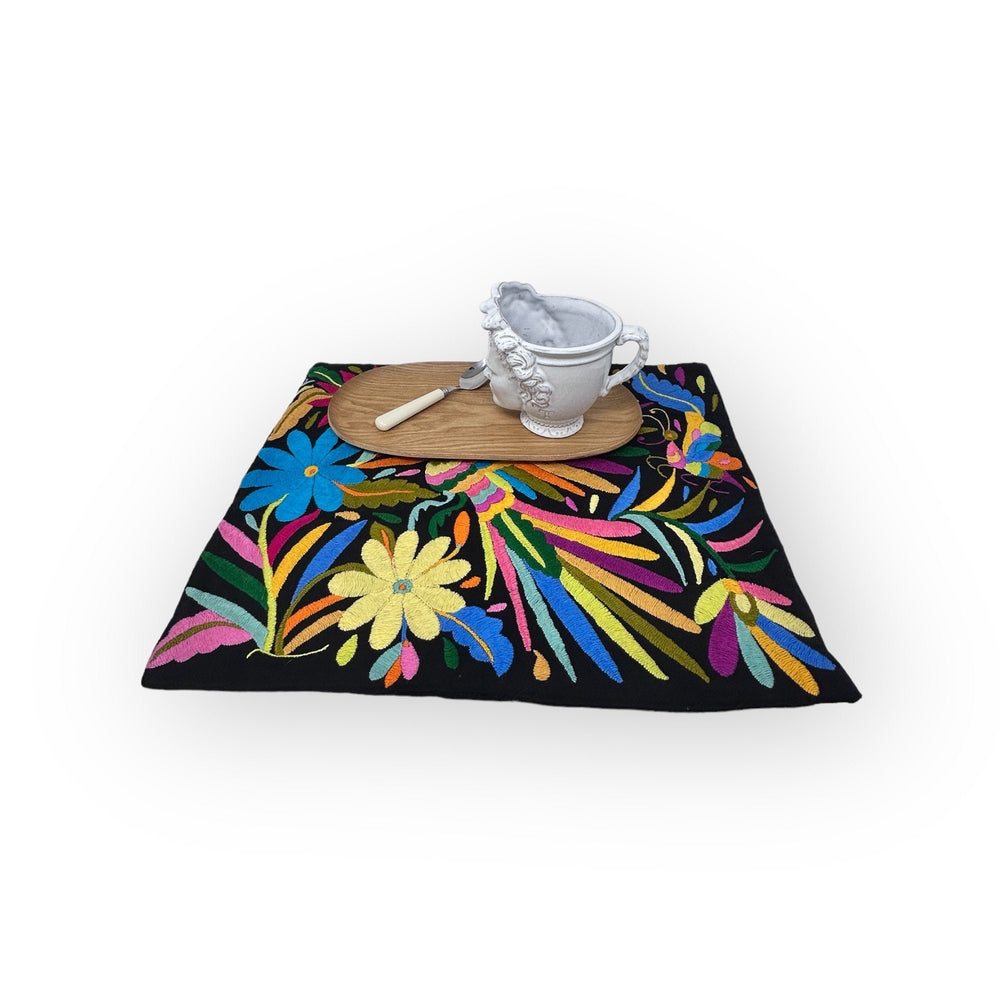 Custom Placemats | Mexican Folk Art Table Decor | Dark Rainbow Cotton Linen Textile from Tenango de Doria