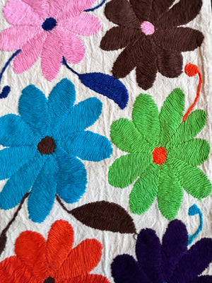 Custom Table Runner | Boho Embroidery | XS Otomi Rainbow Flowers quiet path from Tenango de Doria