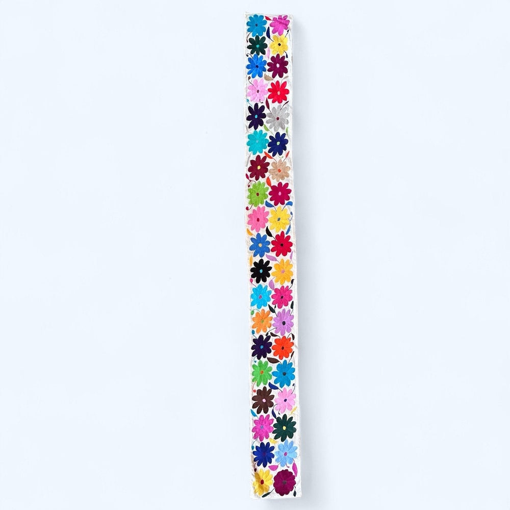 Custom Table Runner | Boho Embroidery | XS Otomi Rainbow Flowers quiet path from Tenango de Doria
