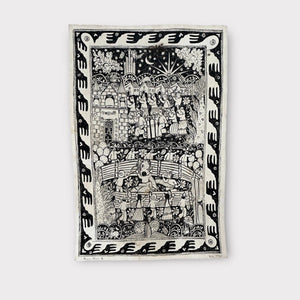 Small Vertical Amate Ink Drawing on Bark Paper | Mexican Wall Art | Framed Mexican Art | Award-Winning Otomi Artisan