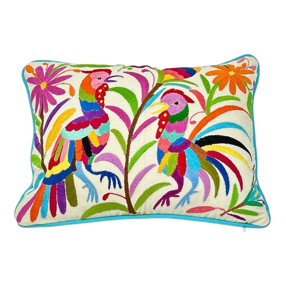 Mexican Folk Art Pillow | Unique Accent Pillow | Boho Embroidery Custom Pillow, insert Included | Small Otomi Roosters from Tenango de Doria