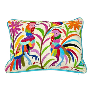 Mexican Folk Art Pillow | Unique Accent Pillow | Boho Embroidery Custom Pillow, insert Included | Small Otomi Roosters from Tenango de Doria