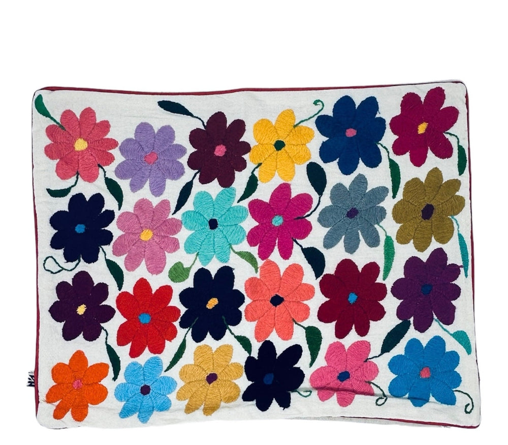 Mexican Folk Art Pillow | Boho Emboridery | Mexican Cushion, Insert Included | Otomi Rainbow Flowers from Tenango de Doria