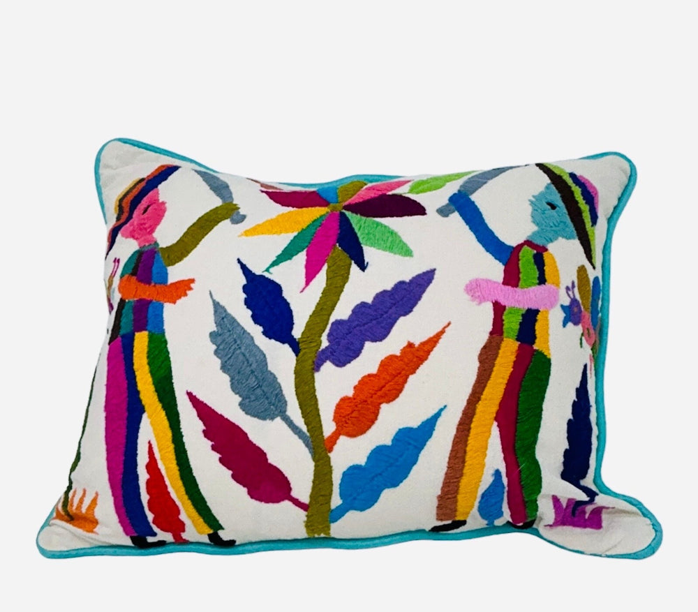 Mexican Folk Art Pillow | Boho Emboridery | Mexican Cushion, Insert Included | Otomi 2 Friends Rainbow Dream Garden from Tenango de Doria