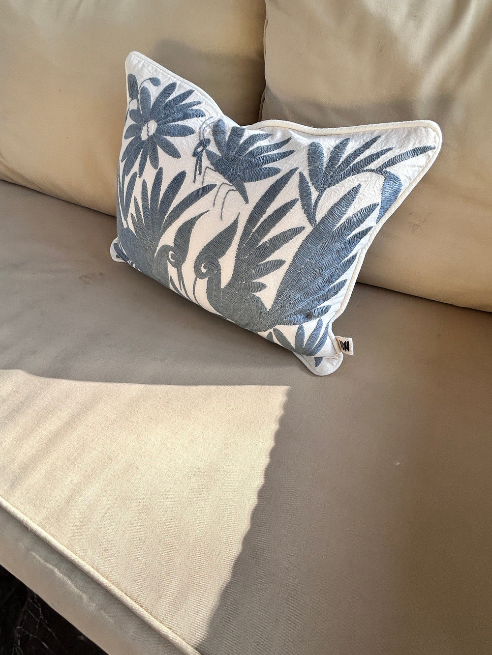 Small Hand Embroidered Otomi Pillow | Mexican Cushion, Insert Included | Grey Dream Parrot | Mexican Folk Art Pillow from Tenango de Doria