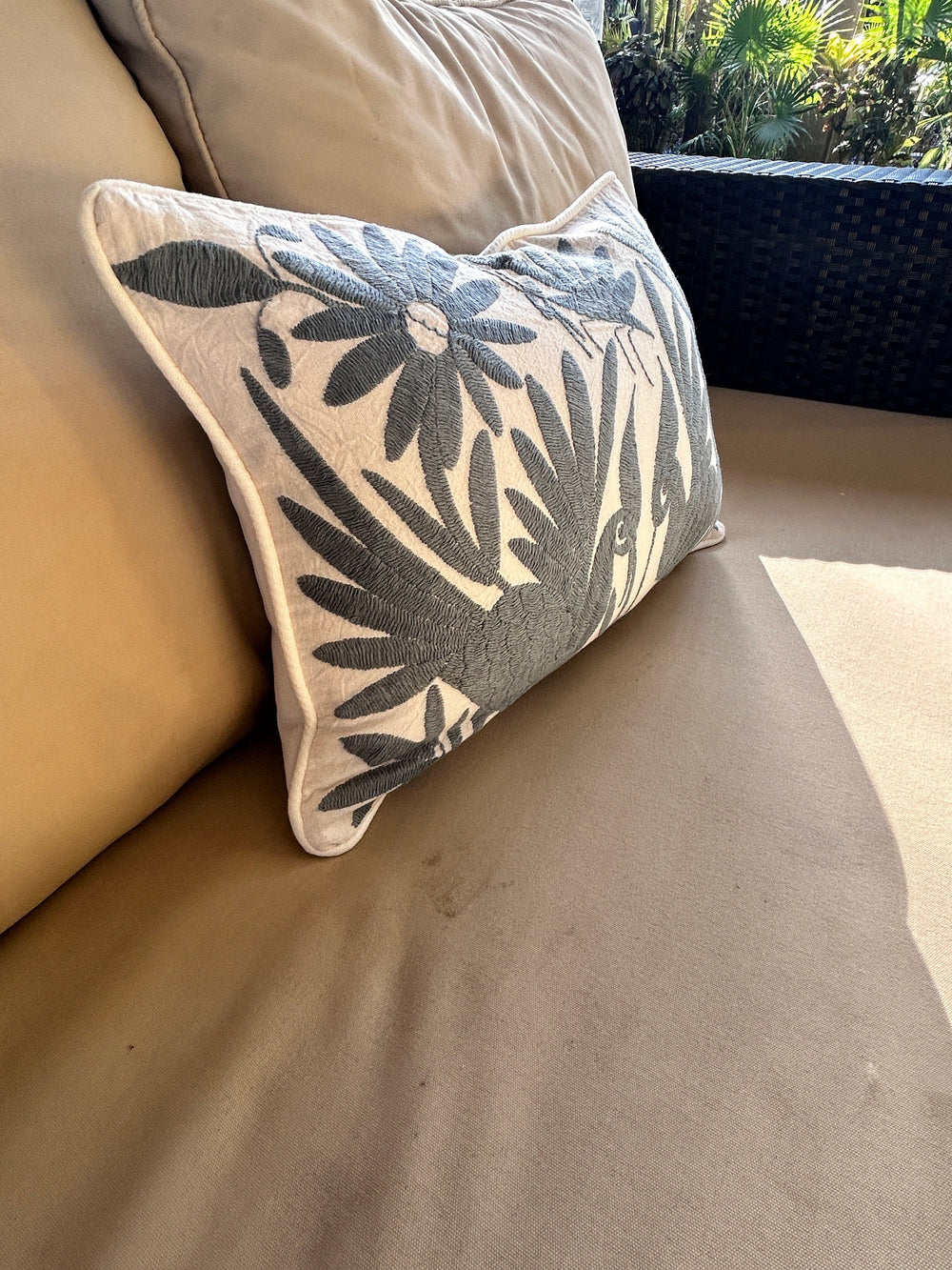 Small Hand Embroidered Otomi Pillow | Mexican Cushion, Insert Included | Grey Dream Parrot | Mexican Folk Art Pillow from Tenango de Doria