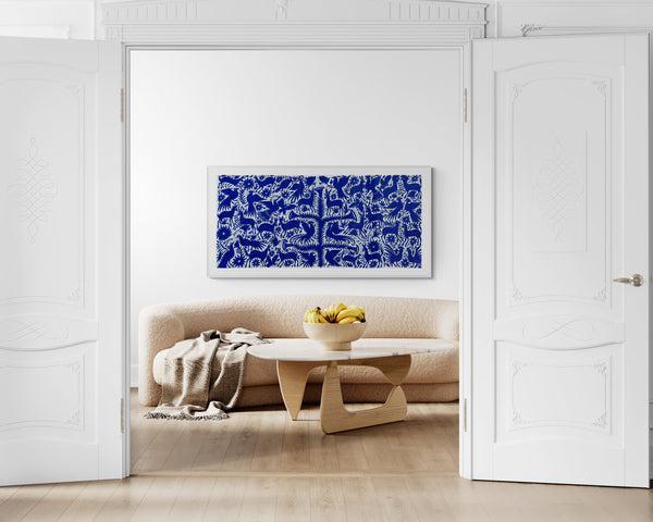 Mexican Tapestry Wall Art | Boho Embroidery | Artistic Framing | Otomi Royal Blue Spectrum from Tenango de Doria