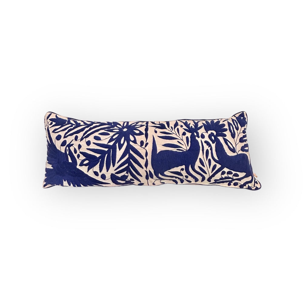 Mexican Folk Art Pillow | Large Lumbar Boho Embroidery | Unique Accent Pillow, insert included | Otomi Royal Blue Dream | Tenango de Doria