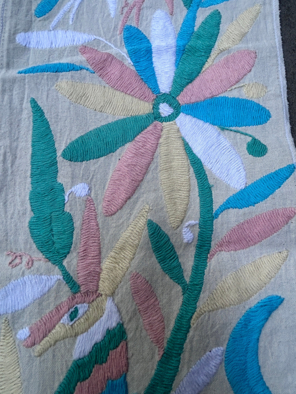 Custom Table Runner | Boho Embroidery | XS Otomi Soft turquoise quiet path from Tenango de Doria
