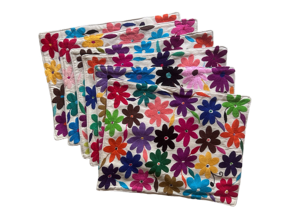 Set of 6 Custom Placemats | Folk Art Mexican | Boho Embroidery | Otomi Rainbow Flowers Dining room accessories from Tenango de Doria