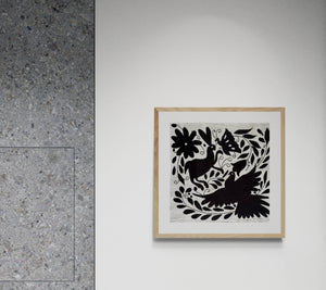 Mexican Tapestry Wall Art | Otomi embroidery pattern | Customizable wall art | Boho Embroidery | Custom Frame | Otomi Black Ofelia Garden