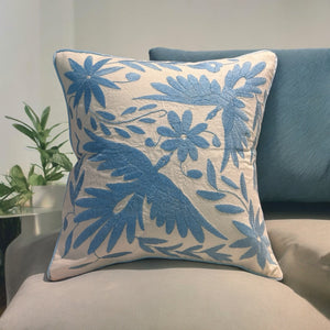 Otomi Embroidery Pillow | Kissing Birds Baby Blue Dream | Hand embroidered Mexican Cushion from Tenango de Doria | Pillow insert included
