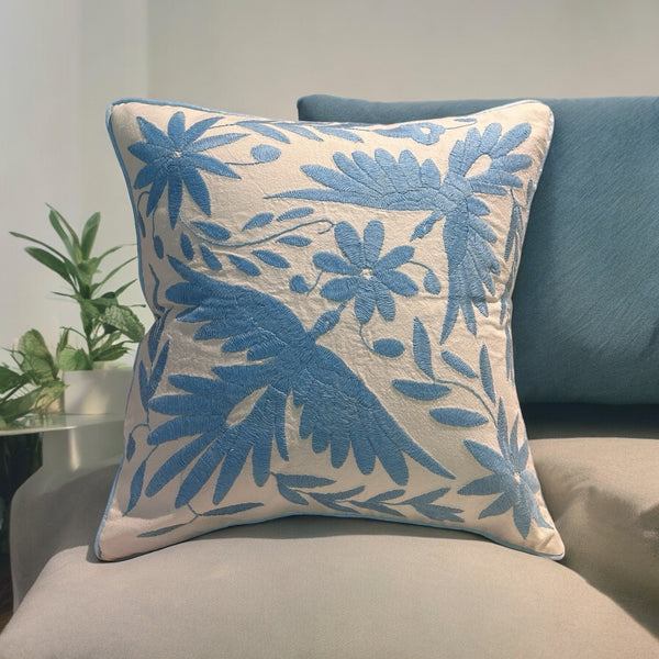 Otomi Embroidery Pillow | Kissing Birds Baby Blue Dream | Hand embroidered Mexican Cushion from Tenango de Doria | Pillow insert included