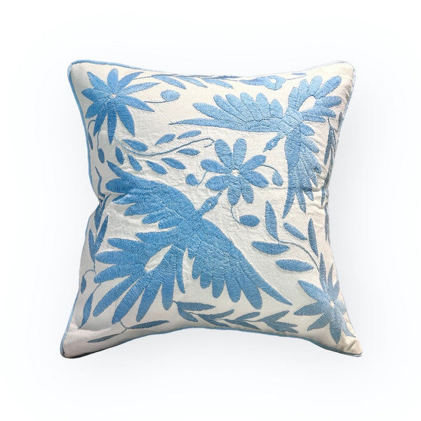 Otomi Embroidery Pillow | Kissing Birds Baby Blue Dream | Hand embroidered Mexican Cushion from Tenango de Doria | Pillow insert included