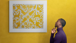 Otomi Embroidery Pattern | Boho Embroidery | Custom embroidery Art | Embroidered Wall Art | Otomi Mango Yellow Garden from Tenango de Doria