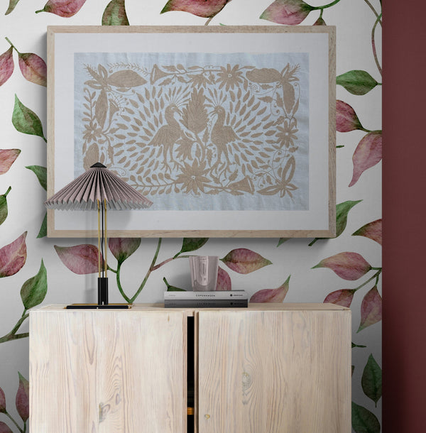 Medium Boho Wall Hanging | Floating Frame | Gift for Art Lover | Boho Embroidery | Otomi Tan Sky from Tenango de Doria