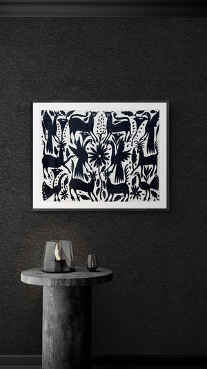 Mexican Wall Art | Large embroidery | Black & Ivory Unique Wall Decor | Otomi Art Framed Textiles from Tenango de Doria