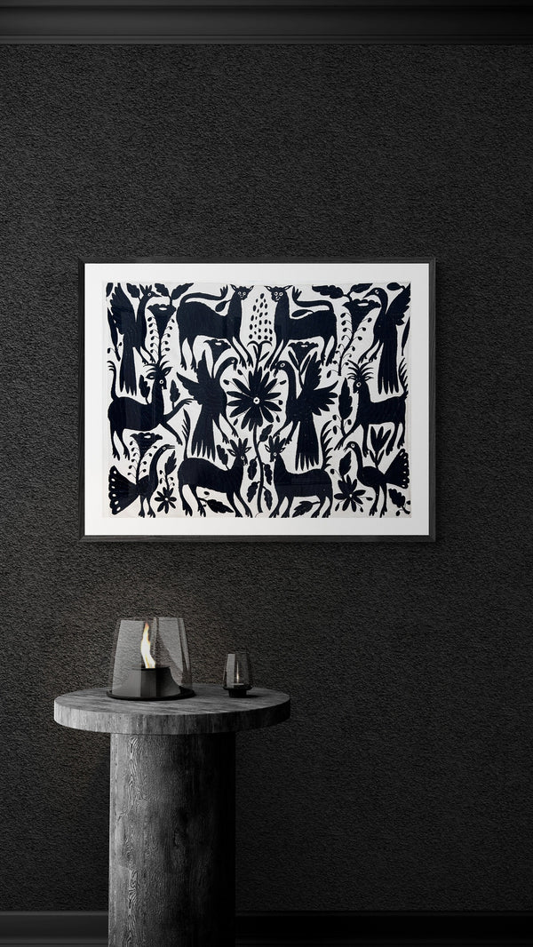 Mexican Wall Art | Large embroidery | Black & Ivory Unique Wall Decor | Otomi Art Framed Textiles from Tenango de Doria