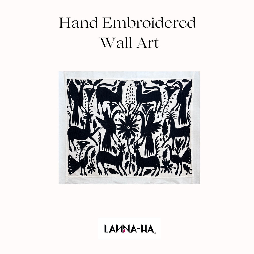 Mexican Wall Art | Large embroidery | Black & Ivory Unique Wall Decor | Otomi Art Framed Textiles from Tenango de Doria