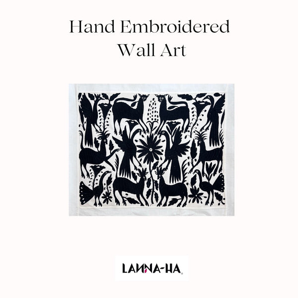 Mexican Wall Art | Large embroidery | Black & Ivory Unique Wall Decor | Otomi Art Framed Textiles from Tenango de Doria