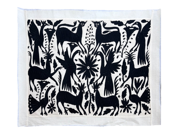 Mexican Wall Art | Large embroidery | Black & Ivory Unique Wall Decor | Otomi Art Framed Textiles from Tenango de Doria