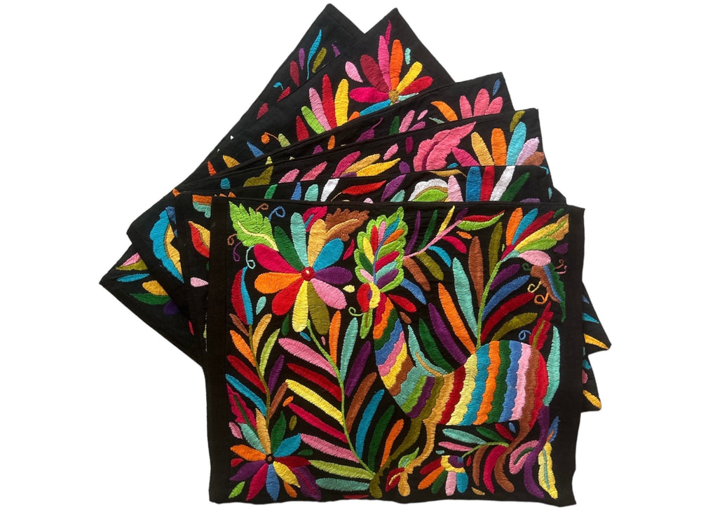 Set of 6 Custom Placemats | Folk Art Mexican | Boho Embroidery | Otomi Dark Rainbow Dining room accessories from Tenango de Doria