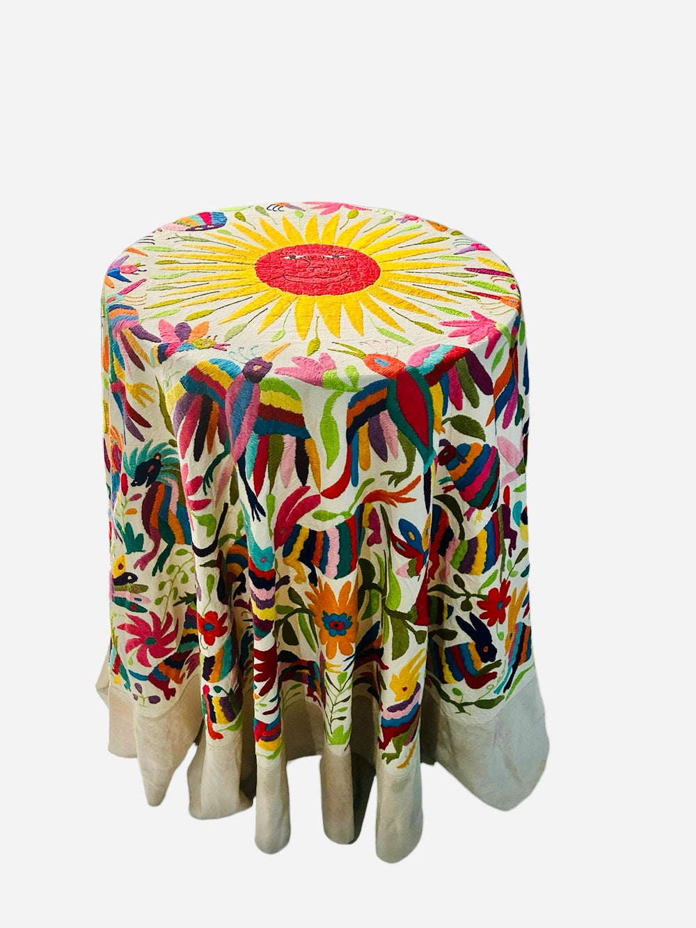 Custom Tablecloth | Boho Embroidery | Folk Art Mexican | Embroidered Table Linens | Otomi Rainbow Round Tablecloth from Tenango de Doria