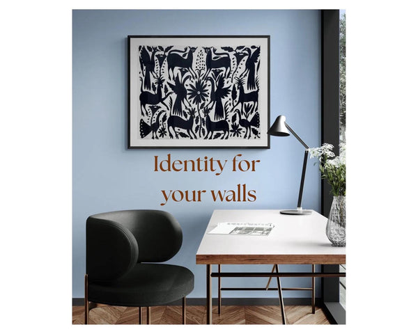 Mexican Wall Art | Large embroidery | Black & Ivory Unique Wall Decor | Otomi Art Framed Textiles from Tenango de Doria