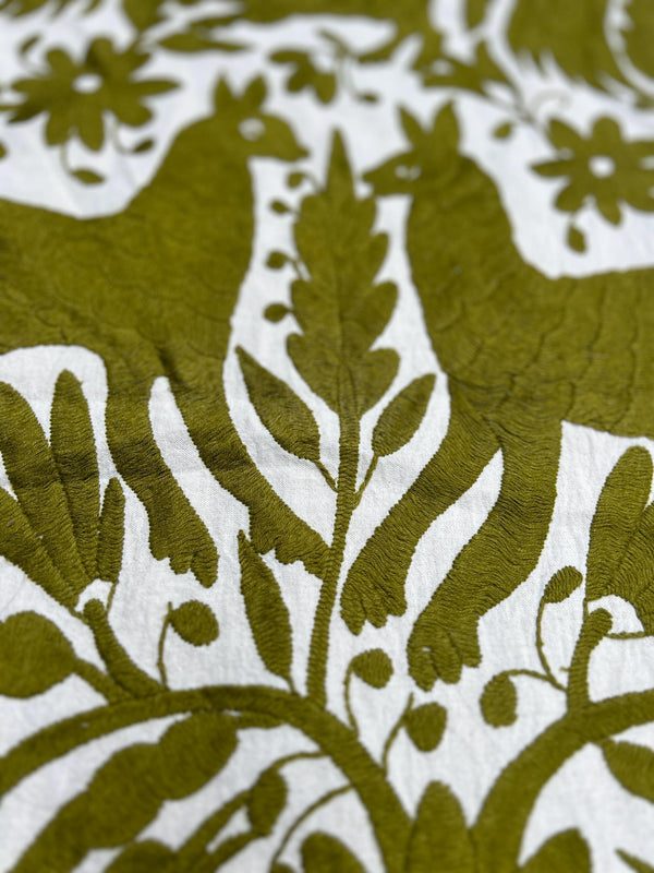 Otomi Table Runner | Mexican Table Runner | Otomi | Large Embroidery | Olive quiet path from Tenango de Doria