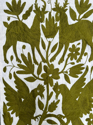 Otomi Table Runner | Mexican Table Runner | Otomi | Large Embroidery | Olive quiet path from Tenango de Doria