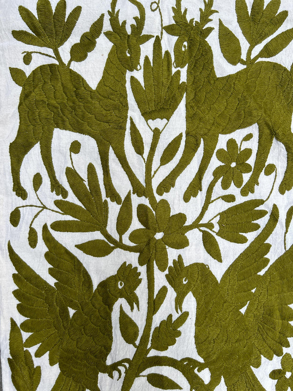 Otomi Table Runner | Mexican Table Runner | Otomi | Large Embroidery | Olive quiet path from Tenango de Doria