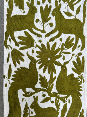 Otomi Table Runner | Mexican Table Runner | Otomi | Large Embroidery | Olive quiet path from Tenango de Doria