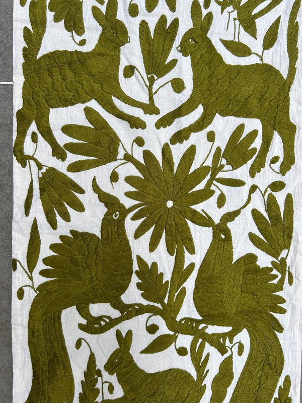 Otomi Table Runner | Mexican Table Runner | Otomi | Large Embroidery | Olive quiet path from Tenango de Doria