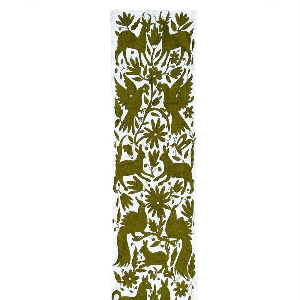Otomi Table Runner | Mexican Table Runner | Otomi | Large Embroidery | Olive quiet path from Tenango de Doria