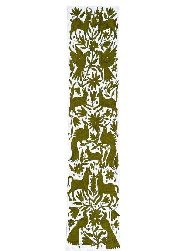 Otomi Table Runner | Mexican Table Runner | Otomi | Large Embroidery | Olive quiet path from Tenango de Doria