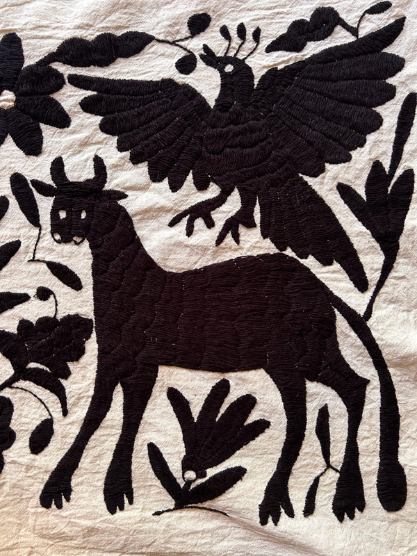 Custom Table Runner | Boho Embroidery | Otomi Black Birds & Flowers quiet path from Tenango de Doria