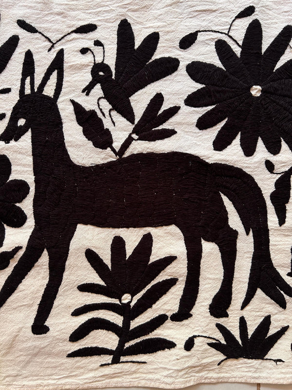 Custom Table Runner | Boho Embroidery | Otomi Black Birds & Flowers quiet path from Tenango de Doria