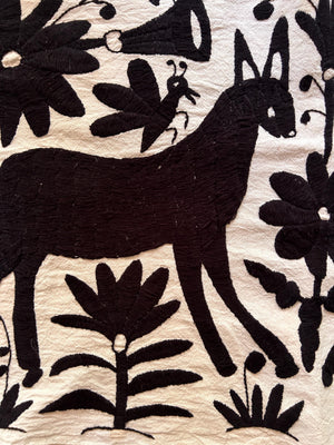 Custom Table Runner | Boho Embroidery | Otomi Black Birds & Flowers quiet path from Tenango de Doria
