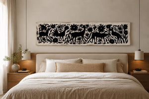 Custom Table Runner | Boho Embroidery | Otomi Black Birds & Flowers quiet path from Tenango de Doria