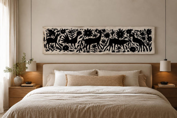 Custom Table Runner | Boho Embroidery | Otomi Black Birds & Flowers quiet path from Tenango de Doria