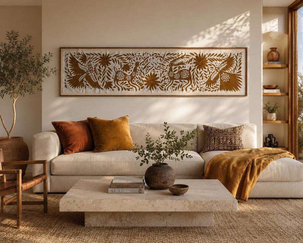 Mexican Tapestry Wall Art | Boho Embroidery | Embroidered Wall Art | Interior Design Art | Custom Embroidery Art | Otomi Ochre Garden