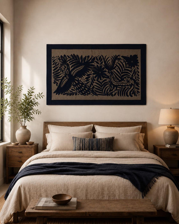 Mexican Tapestry Wall Art | Boho Embroidery | Artistic Framing| Gift for art lover | Otomi Moonlight Garden from Tenango de Doria