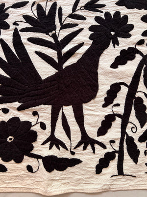 Custom Table Runner | Boho Embroidery | Otomi Black Birds & Flowers quiet path from Tenango de Doria